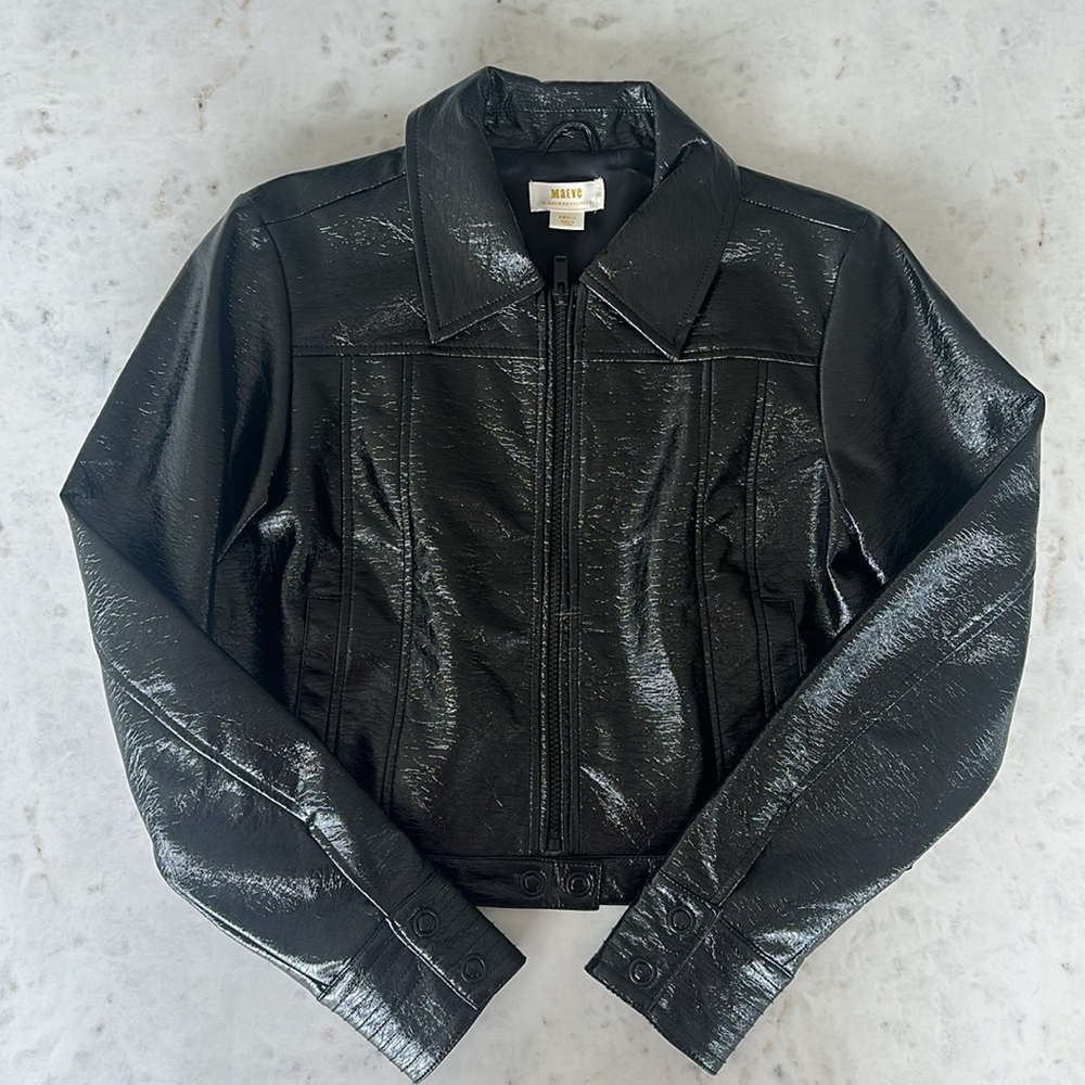 Maeve Anthropologie Crinkle Faux Leather Black Moto Jacket
